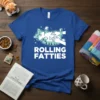 Rolling Fatties t-shirt featuring a cartoon cat getting a belly rub and the text "Rolling Fatties" in bold white letters