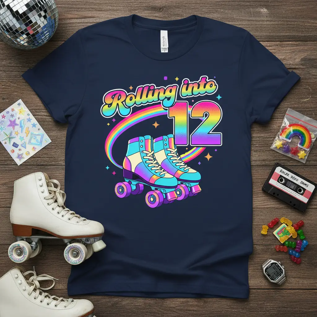 Rolling into 12 birthday text with rainbow and roller skates graphic on a navy shirt