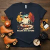 Rolling Into Autumn t-shirt with a cute ghost on roller skates in a fall forest scene