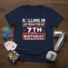 Rolling In Las Vegas For My 7th Birthday t-shirt design featuring casino theme with dice, cards, and poker chips