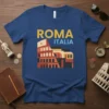 Roma Italia t-shirt design with a stylized Colosseum graphic and text "ROMA ITALIA" in bold letters