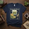 Romantic home t-shirt design with a cozy armchair, window view of hills and sunset, butterflies, and a candle