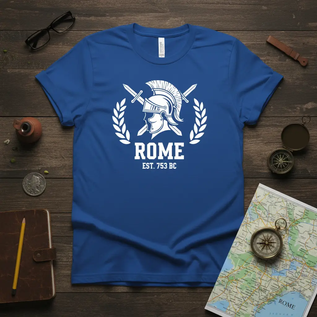 ROME EST. 753 BC graphic t-shirt with Roman helmet and crossed swords emblem