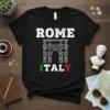 Rome Italy text with a white outline of an arch and Italian flag colors below, on a black t-shirt