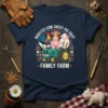 Rooster Cow Sheep Pig Goat Family Farm Tractor Tee with farm animals on a tractor, surrounded by flowers