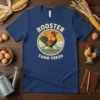 Vintage ROOSTER FARM FRESH graphic t-shirt design with a rooster in a circular frame and farm-themed elements