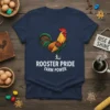 Rooster Pride Farm Power text with a colorful rooster graphic on a navy blue t-shirt