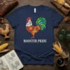 Rooster Pride t-shirt design with a colorful, folk-art style rooster and white text that reads "ROOSTER PRIDE"