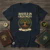 Rooted in Greatness Est. MMXII t-shirt with a stylized tree of life graphic and vintage banner
