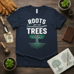 Navy t-shirt with white text "ROOTS ARE FOR TREES" and a graphic of a tree with visible roots