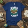 Roots Ground Where My Fam At T-Shirt design with tree roots and family silhouette graphic