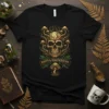 Roots & Regeneration t-shirt design featuring a golden skull with roots and mushrooms, dark green banner with text