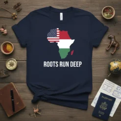 Roots Run Deep T-Shirt with Africa map merged with USA flag, white text