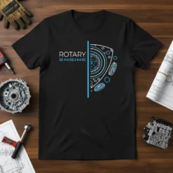Black t-shirt with blue and white "ROTARY ENGINE" text and schematic diagram of a rotary engine