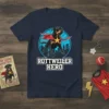 Rottweiler dog wearing a red superhero cape with a yellow star, text reads "ROTTWEILER HERO" on a navy blue t-shirt