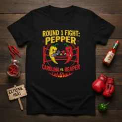 Round 1 Fight Pepper Carolina vs Reaper t-shirt design featuring boxing peppers and flames