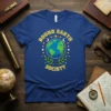 Round Earth Society text design with a globe graphic, stars, moons, and laurel branches on a blue t-shirt