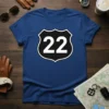 Route 22 highway number design on a blue t-shirt, featuring a black shield with white numerals