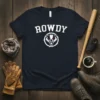 Navy t-shirt with the word ROWDY in white varsity font above a distressed white circular logo of an aggressive badger
