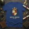 Royal Order Est. 1485 t-shirt featuring a detailed crest with a lion, crown, and roses