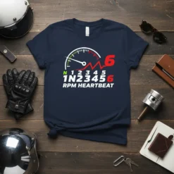 Navy blue t-shirt with "RPM HEARTBEAT" text and a speedometer graphic showing gear shifts N 123456