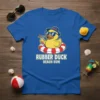 Rubber Duck Beach Bum t-shirt design with a cartoon duck wearing sunglasses and a hat, floating on an inner tube