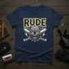 RUDE Pitbull dog graphic t-shirt with baseball bats and lightning bolts, black and yellow text