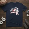 Rugby 7s design with players in motion around a rugby ball, on a navy blue t-shirt