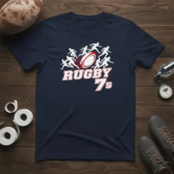 Rugby 7s design with players in motion around a rugby ball, on a navy blue t-shirt