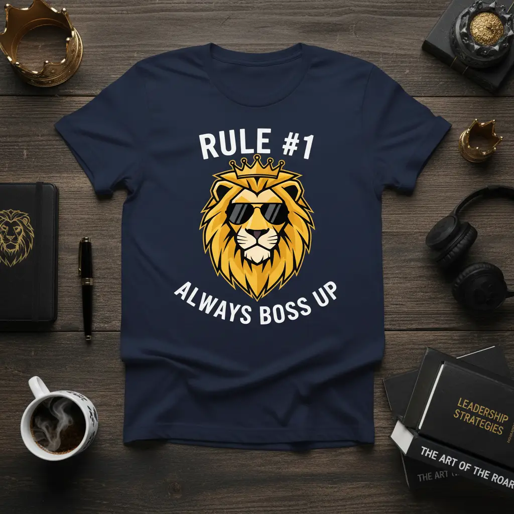 Rule #1 Always Boss Up motivational quote tee with a cool lion wearing sunglasses and crown graphic