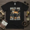 Rules Are Made For Dogs t-shirt with a cool cat wearing sunglasses and five cute dogs lined up, designed for