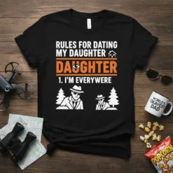 Black t-shirt with white and orange text: "RULES FOR DATING MY DAUGHTER DAUGHTER 1. I'M EVERYWERE", featuring two men in