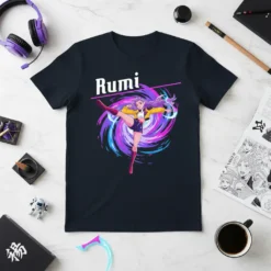 Rumi anime girl in action pose with purple hair, yellow jacket, and red boots on a t-shirt