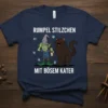 Rumpel Stilzchen Mit Bösem Kater German humorous t-shirt design with a goblin and a black cat