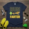 Navy t-shirt with "RUN FARTER" text and a cheetah with rocket-powered fart graphic