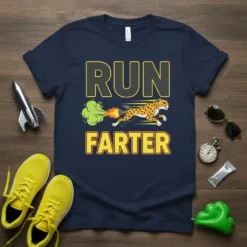 Navy t-shirt with "RUN FARTER" text and a cheetah with rocket-powered fart graphic