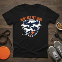 Black t-shirt with "RUN FAST PET DOGS" text above a shield featuring four running dogs and an orange lightning bolt