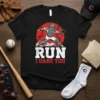 Run I Dare You baseball catcher t-shirt design featuring a catcher in action with the quote "Run I Dare You"