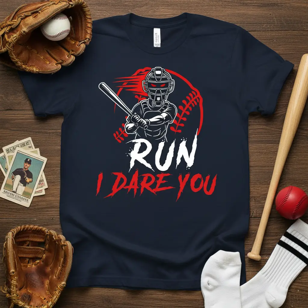 Run I Dare You Baseball Catcher T-Shirt Funny Sports Fan Gift