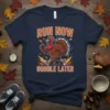 Thanksgiving t-shirt with "Run Now Gobble Later" text and a cartoon turkey running
