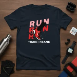 Run Run Train Insane t-shirt with a red running shoe and bold text, designed for athletes and runners
