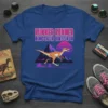 Retro style t-shirt featuring the text "RUNNER RUNNER DINOSAUR DINOSAUR" above a velociraptor graphic with mountains and a sunset