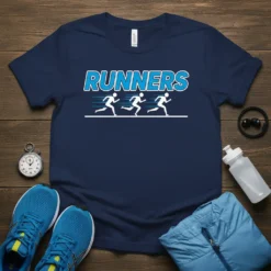 Navy blue t-shirt with the word "Runners" in blue and white, and three running silhouettes below