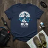 Runner's Heartbeat Pace Pulse Passion t-shirt featuring a running silhouette within a circular emblem and heartbeat line graphic