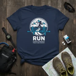 Runner's Heartbeat Pace Pulse Passion t-shirt featuring a running silhouette within a circular emblem and heartbeat line graphic