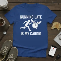 Running Late Is My Cardio quote t-shirt with a running stick figure and a winged alarm clock graphic