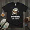 Running Latte t-shirt design featuring a cartoon coffee cup character in motion, white text on black shirt