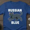 Russian Blue Cat design with bold white text "RUSSIAN BLUE" and a graphic of a sleek grey cat