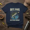 Navy blue t-shirt with "Rute Raus Der Spass Beginnt" text and a largemouth bass jumping with fishing lure