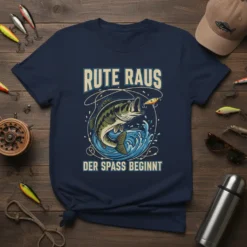 Navy blue t-shirt with "Rute Raus Der Spass Beginnt" text and a largemouth bass jumping with fishing lure